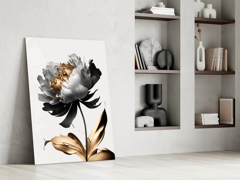 Painterly peony vertical cinematic glass wall art in heritage stairwell