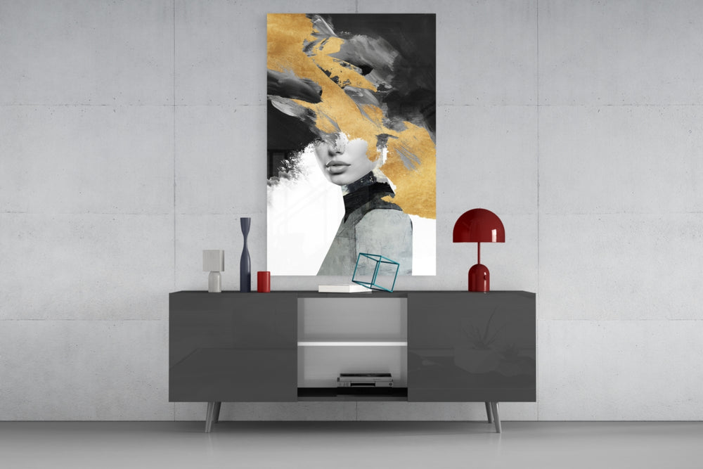 Saffron-gold woman cinematic glass wall art in fashion-house dressing room