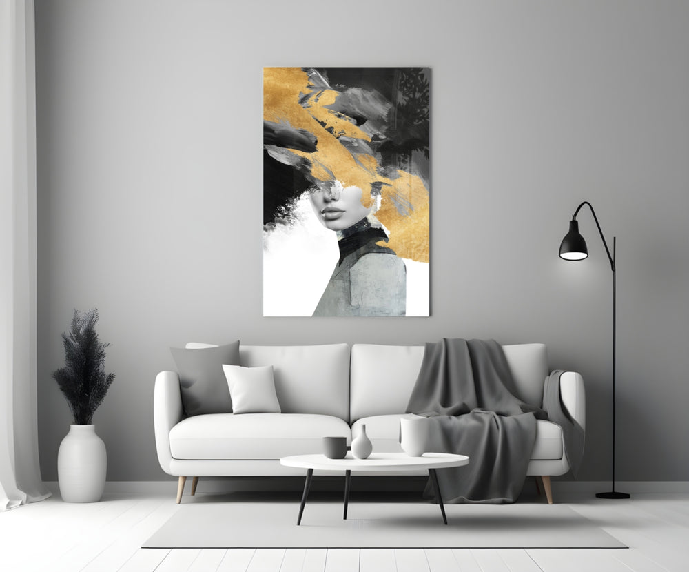 Couture brushstroke portrait cinematic glass wall art beside master-bedroom dressing table