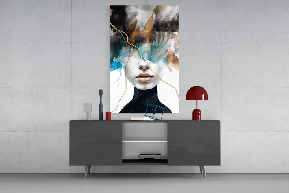 Teal-and-gold woman cinematic glass wall art in fashion-house dressing room