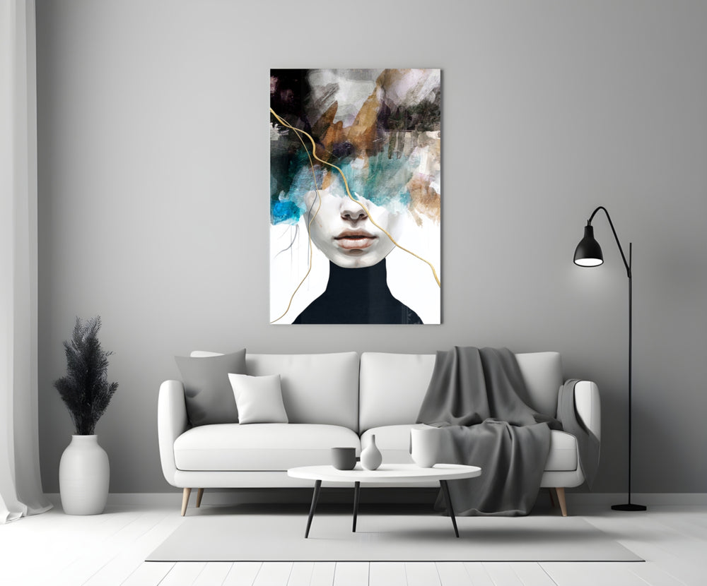 Couture brushstroke portrait cinematic glass wall art beside master-bedroom dressing table
