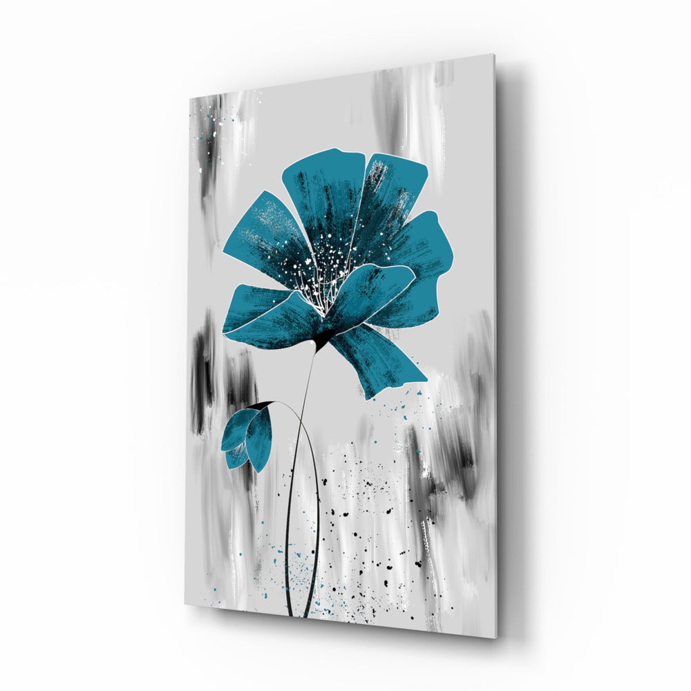 Teal bloom poppy cinematic glass wall art over walnut console in designer bedroom