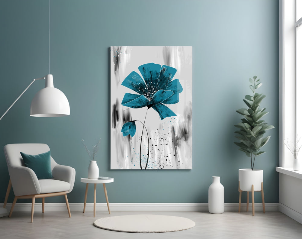Teal-and-charcoal botanical glass wall art over master-bedroom headboard