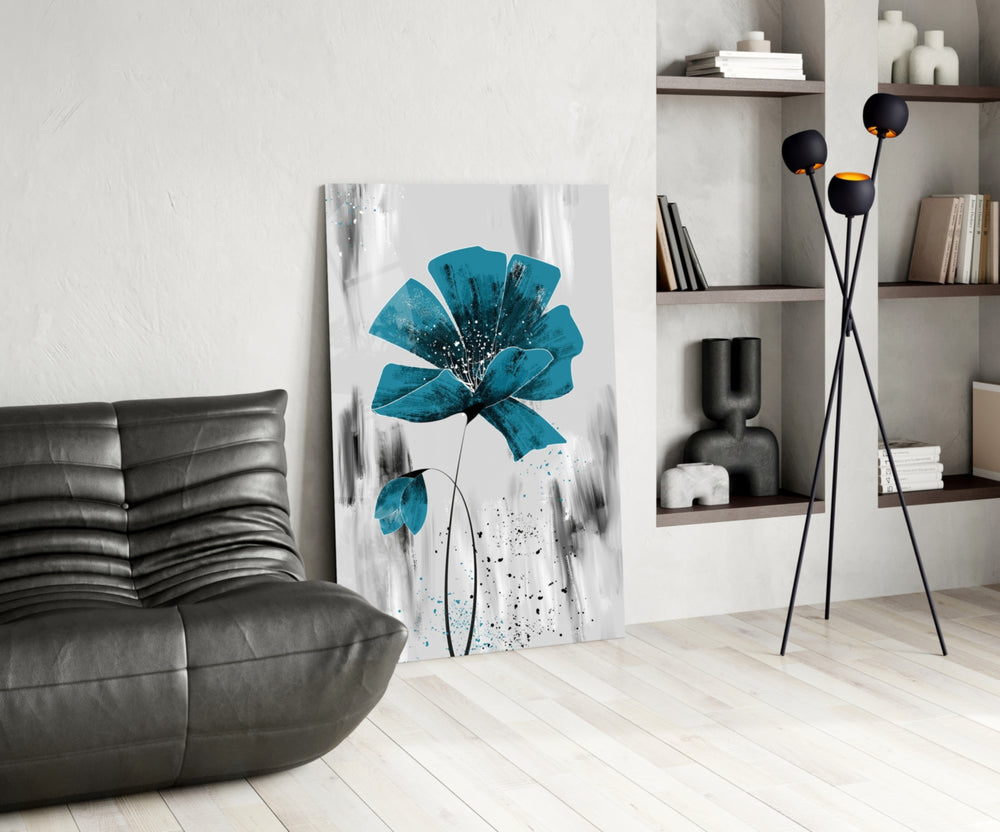 Painterly teal-poppy cinematic glass wall art in heritage hallway