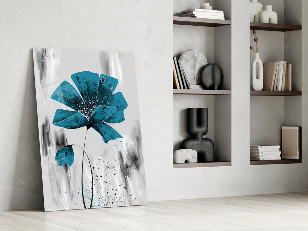 Graphic teal flower glass wall art over modern dining sideboard