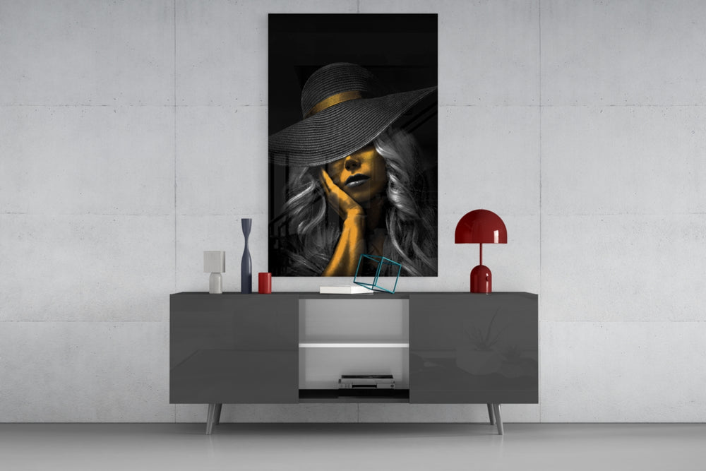 Wide-brim hat editorial cinematic glass wall art in glamorous walk-in closet
