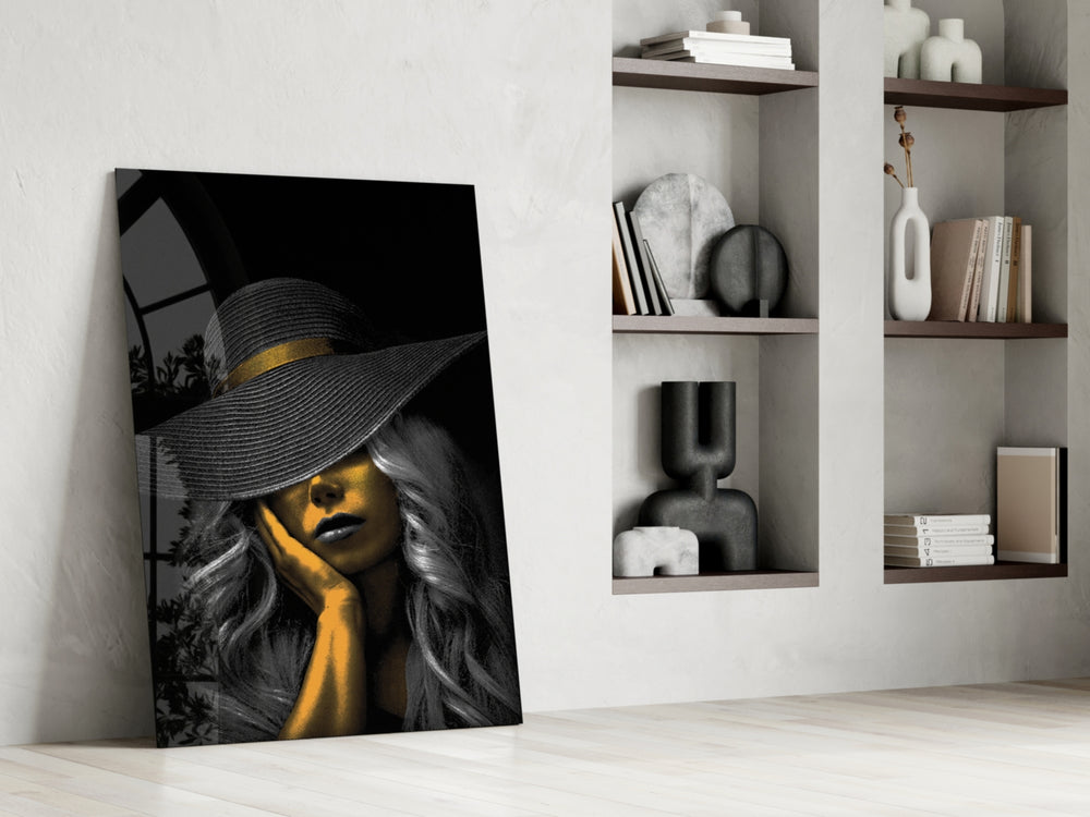 Selective-gold woman cinematic glass wall art in fashion-house dressing room