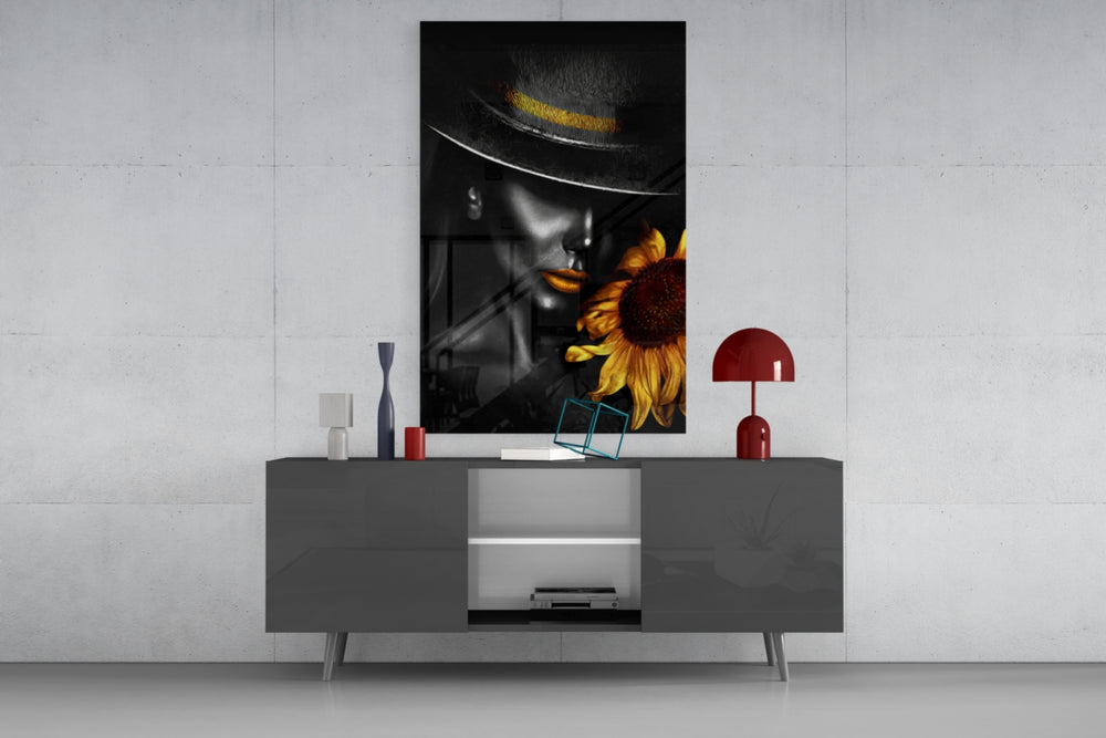 Wide-brim hat sunflower cinematic glass wall art in glamorous walk-in closet