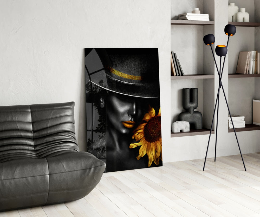 Magazine-style sunflower portrait cinematic glass wall art in heritage stairwell