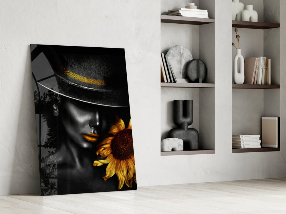 Selective-gold woman cinematic glass wall art in fashion-house dressing room