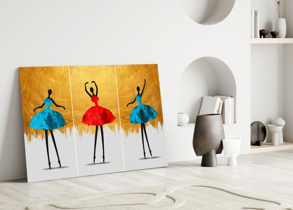 Stage-art tutu trio cinematic glass wall art over master-bedroom headboard
