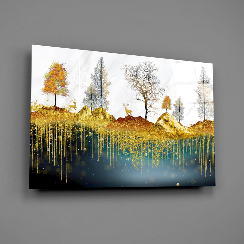 Asian-landscape gold-leaf glass wall art over walnut dining sideboard