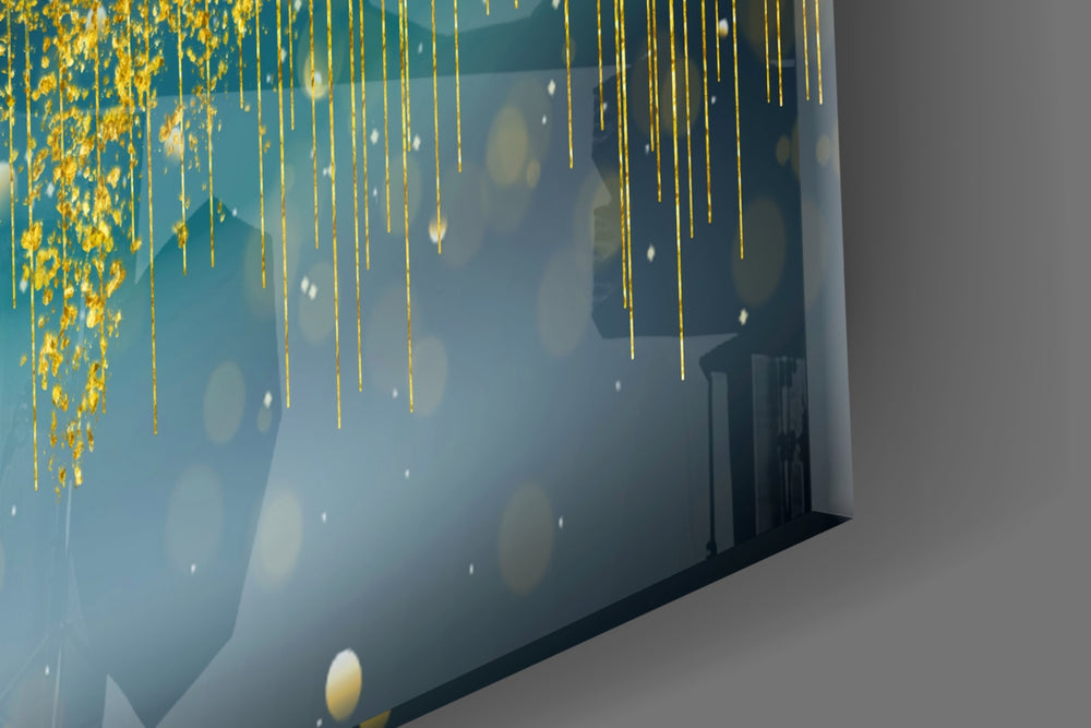 Stag-and-forest triptych cinematic glass wall art in boutique-hotel lobby