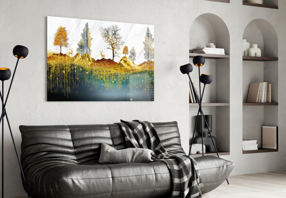 Min-hwa style gold-forest cinematic glass wall art in heritage hallway