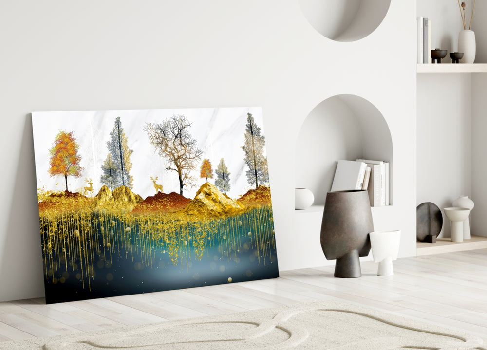 Cobalt-reflection landscape cinematic glass wall art over master-bedroom headboard