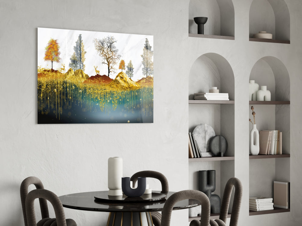 Meditation-room gold-leaf forest glass wall art in serene corner