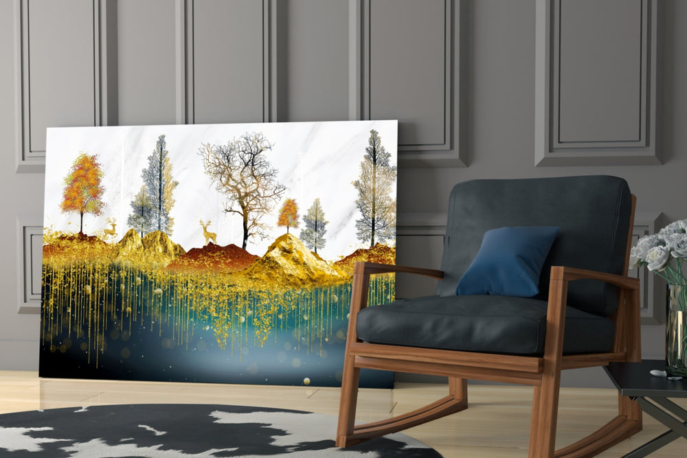 Painterly gold-forest cinematic glass wall art over modern bar cabinet