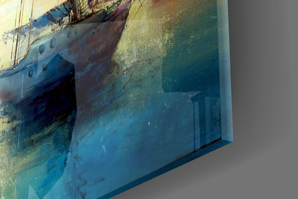 Tangerine-sunset sailboat cinematic glass wall art in designer office