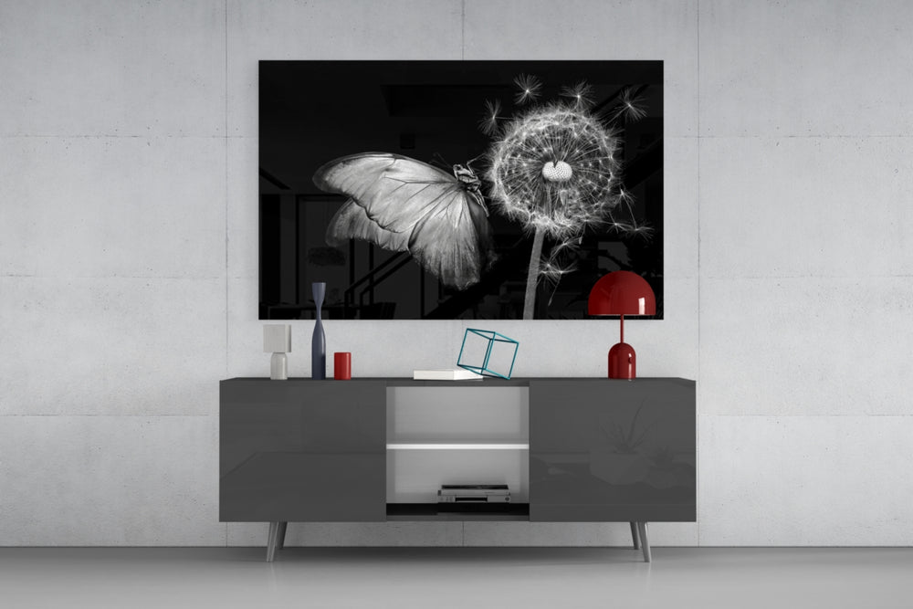 Painterly nature B&W cinematic glass wall art in glamorous library
