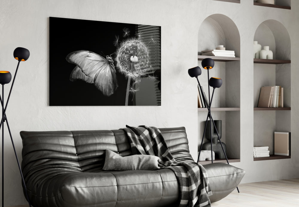 B&W butterfly photography cinematic glass wall art over walnut console