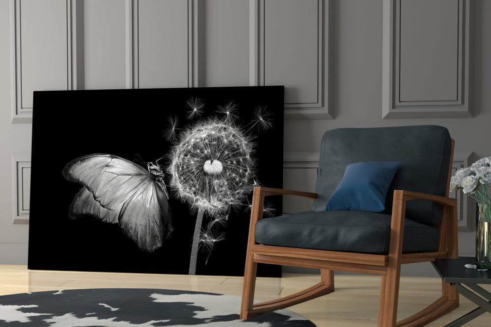 Silver butterfly cinematic glass wall art over modern bar cabinet