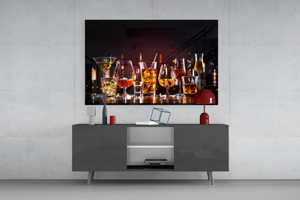 Whiskey lineup cinematic glass wall art in tasting-room interior