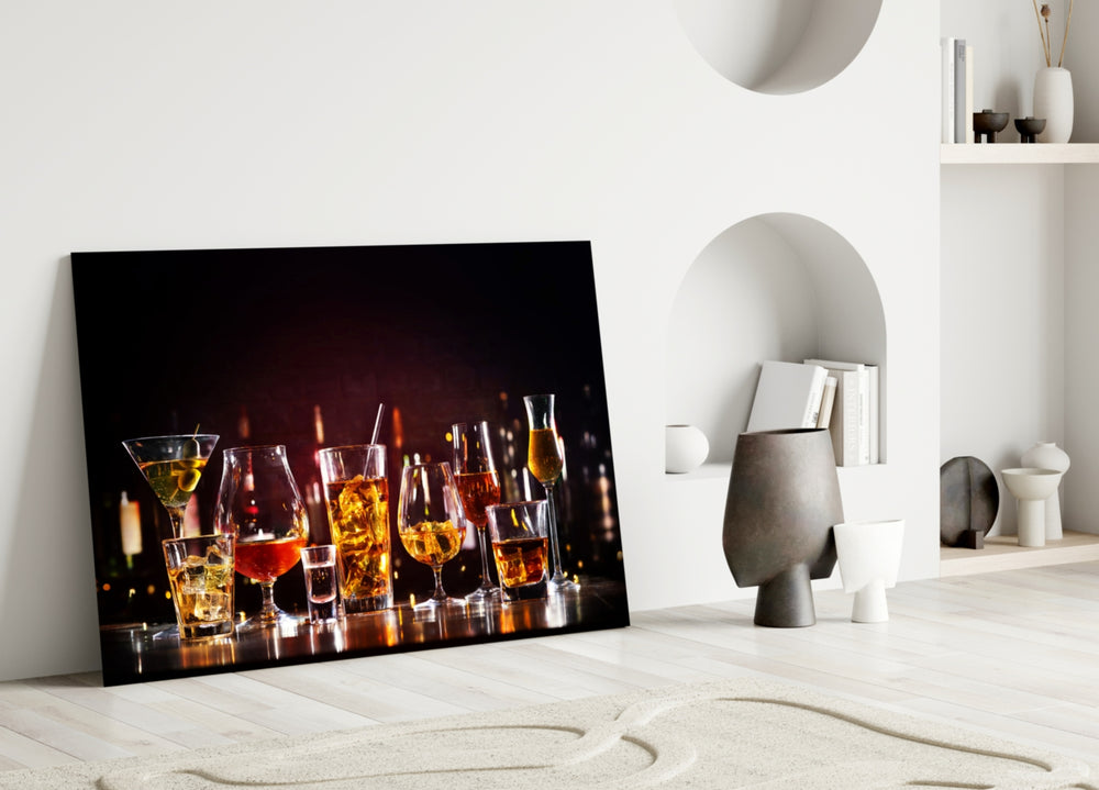 Amber-whiskey cinematic glass wall art over walnut bar cabinet