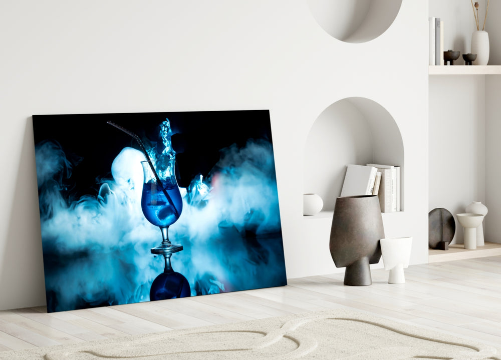 Electric-blue cocktail cinematic glass wall art over walnut bar cabinet