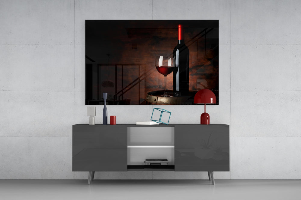 Cellar magazine-style cinematic glass wall art in hospitality bar