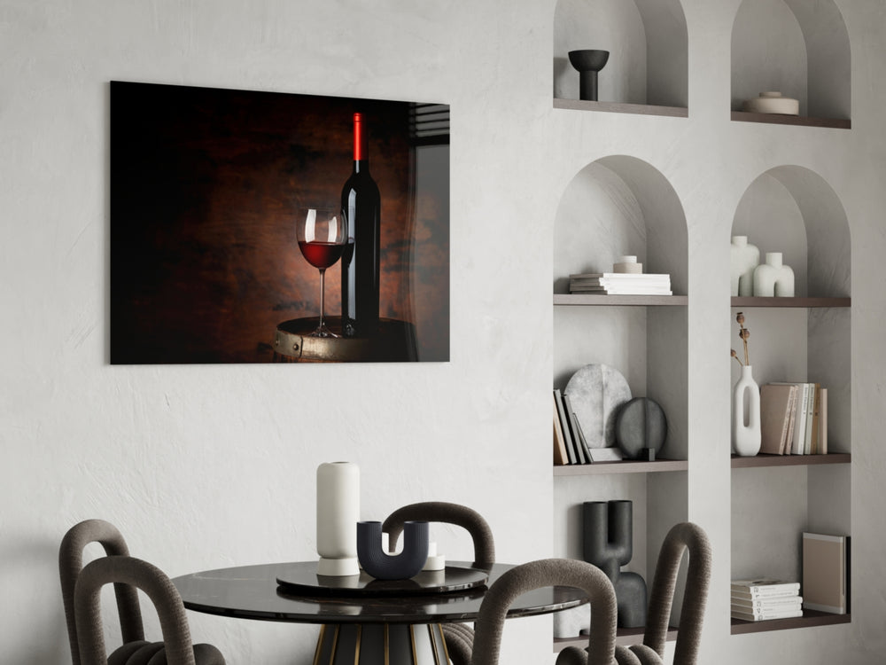 Wine-cellar still-life cinematic glass wall art in gentleman's library