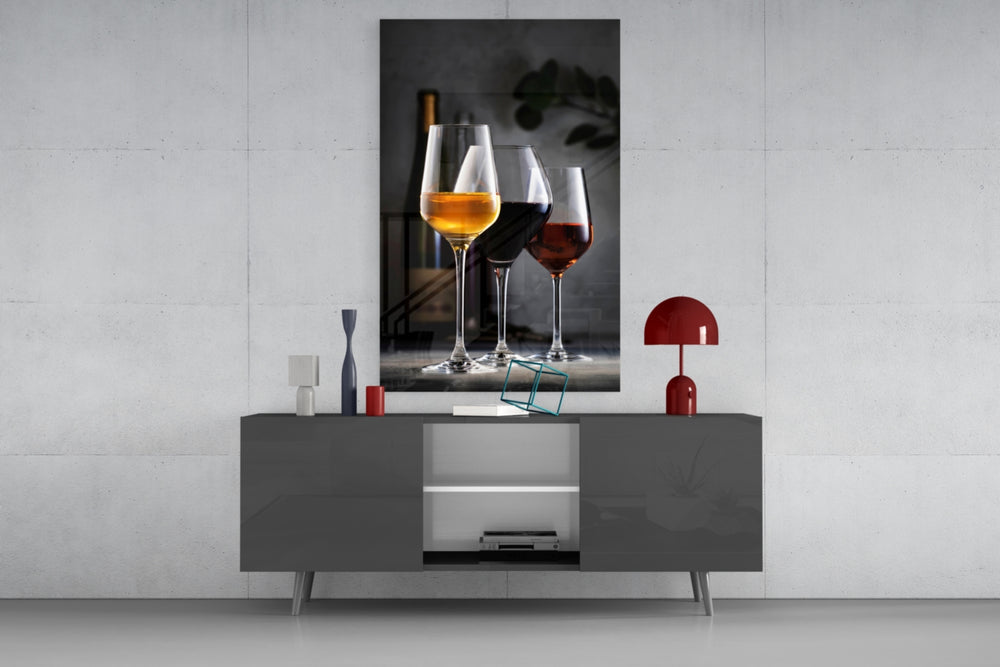 Vertical wine still-life cinematic glass wall art in sommelier's office