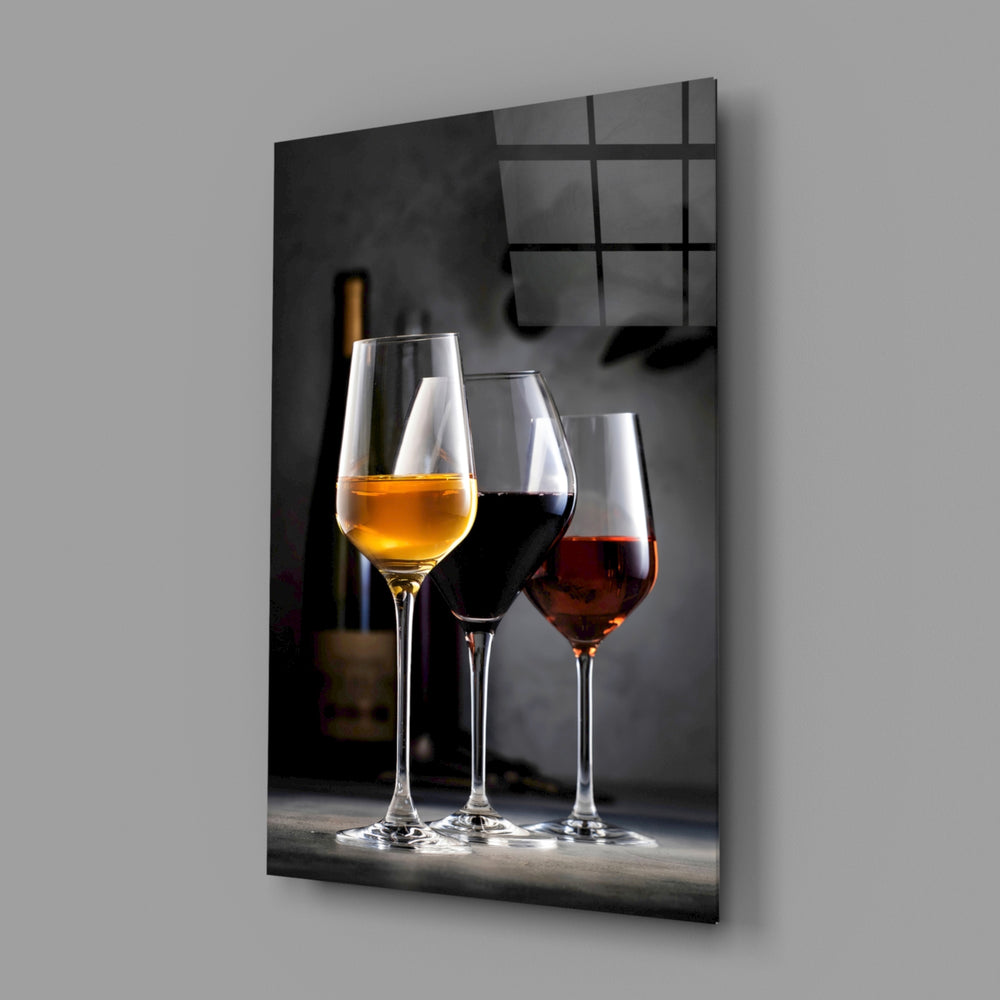 Three-pour wine still-life glass wall art beside wine cellar entry