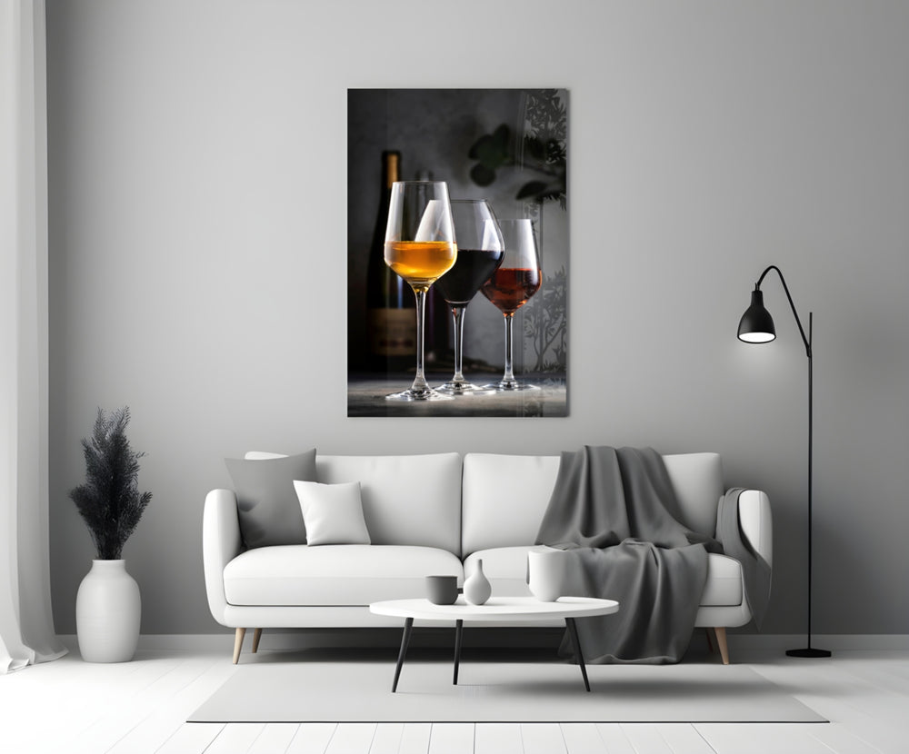 White-red-rosé pour cinematic glass wall art over modern bar cabinet