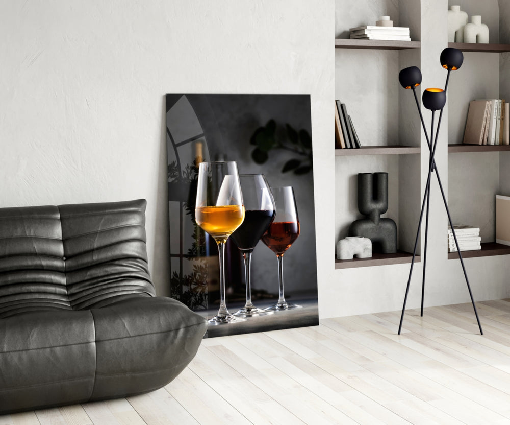 Wine-cellar still-life cinematic glass wall art in gentleman's library