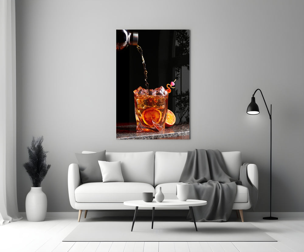 Amber whiskey splash cinematic glass wall art over walnut bar cabinet