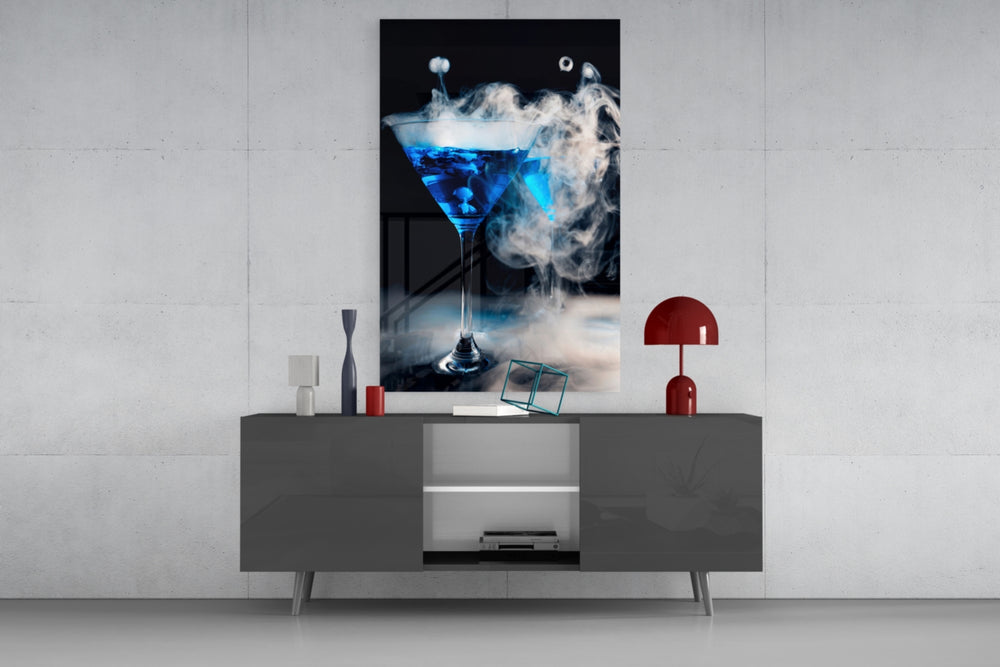 Smoke-and-cobalt martini glass wall art in tasting-room interior