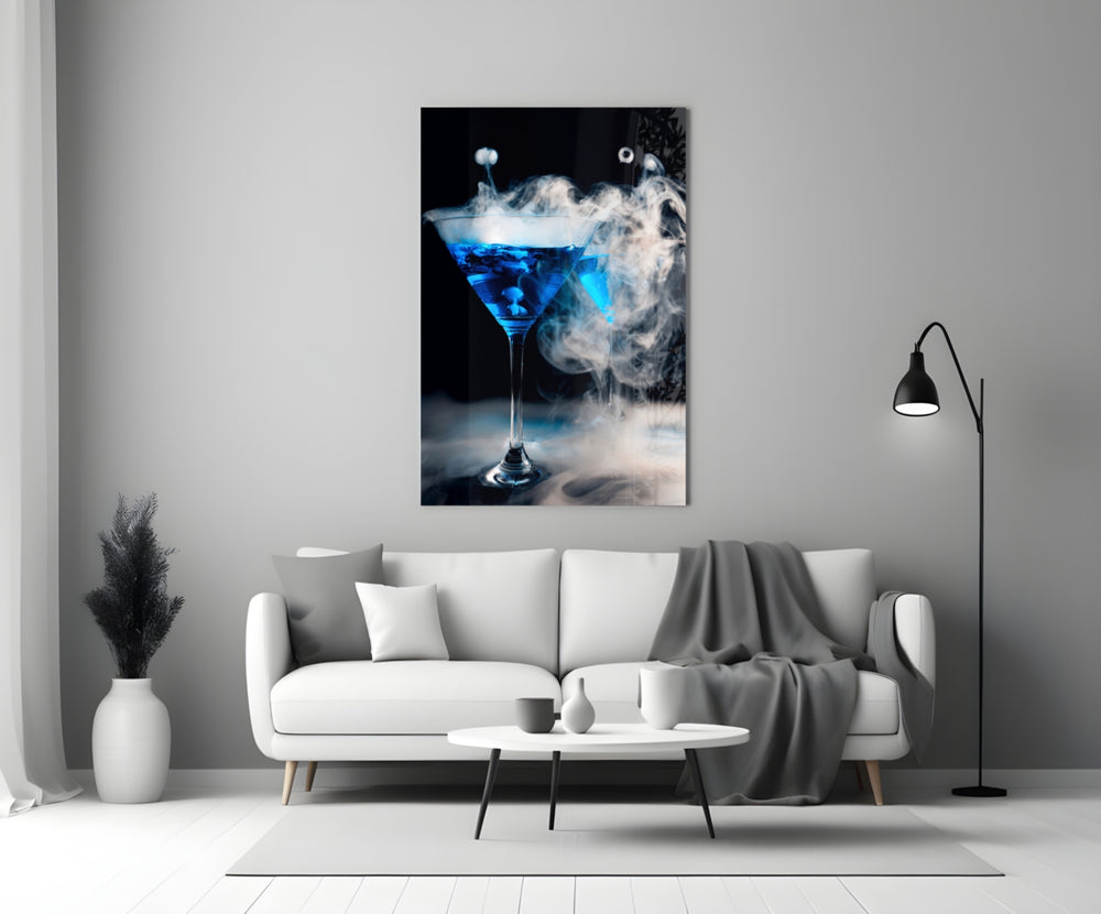 Electric-blue martini cinematic glass wall art beside walnut bar cabinet