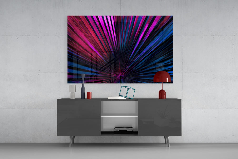 Backlit fan-palm cinematic glass wall art in nightclub-style home bar