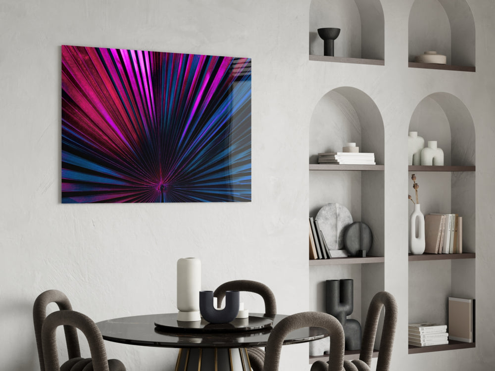 Stage-lit palm-fan cinematic glass wall art over master-bedroom headboard