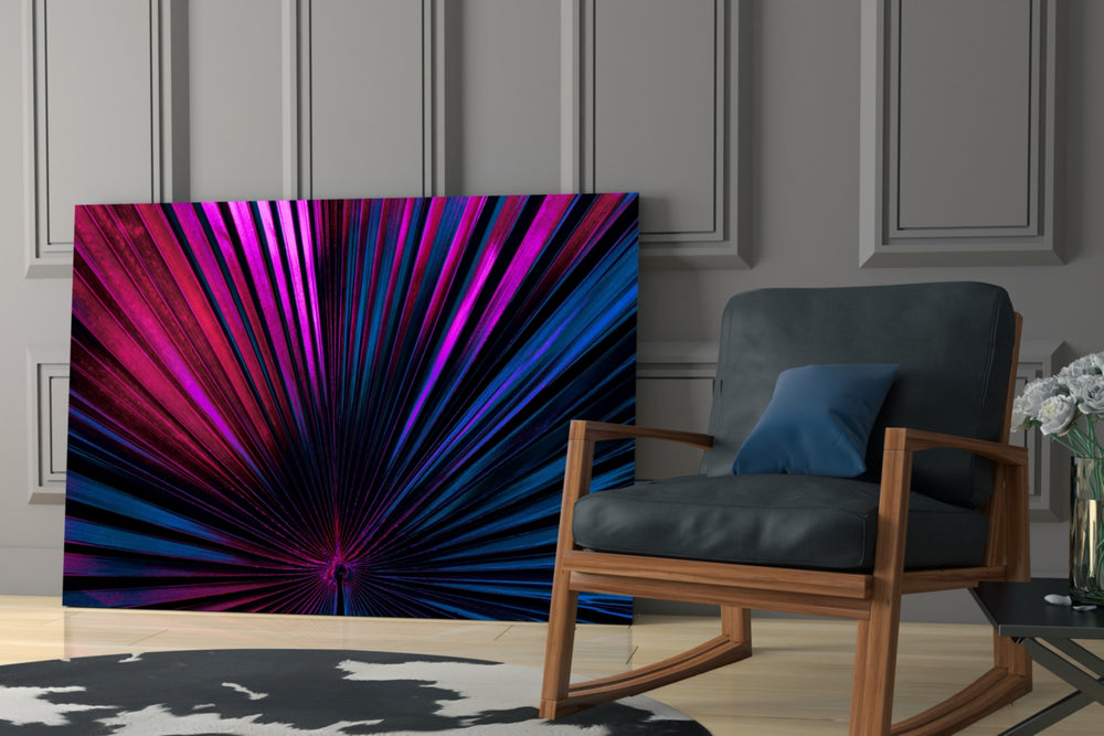 Synthwave palm-frond burst cinematic glass wall art in designer hallway
