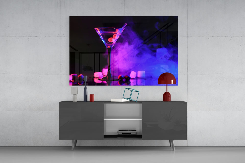 Neon bar-still-life cinematic glass wall art in tasting-room interior