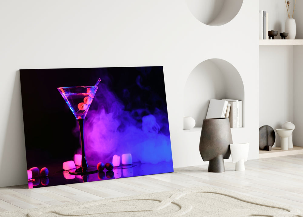 Pearl-onion martini cinematic glass wall art over walnut bar cabinet