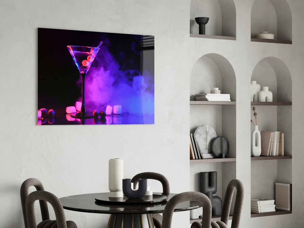 Neon dry-ice martini cinematic glass wall art in designer den