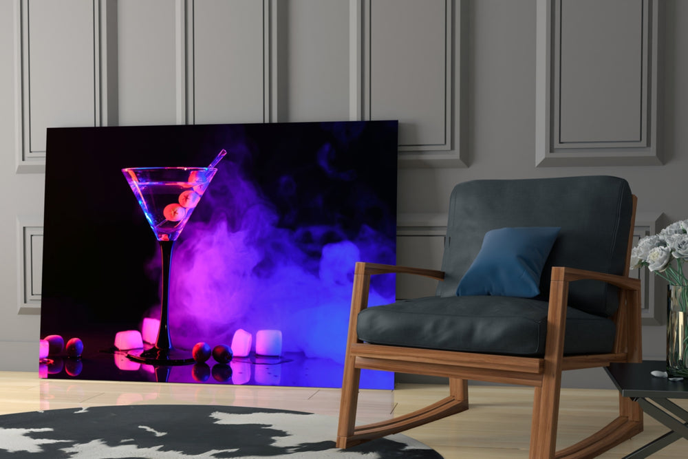 Magenta nightclub cocktail glass wall art over modern dining sideboard