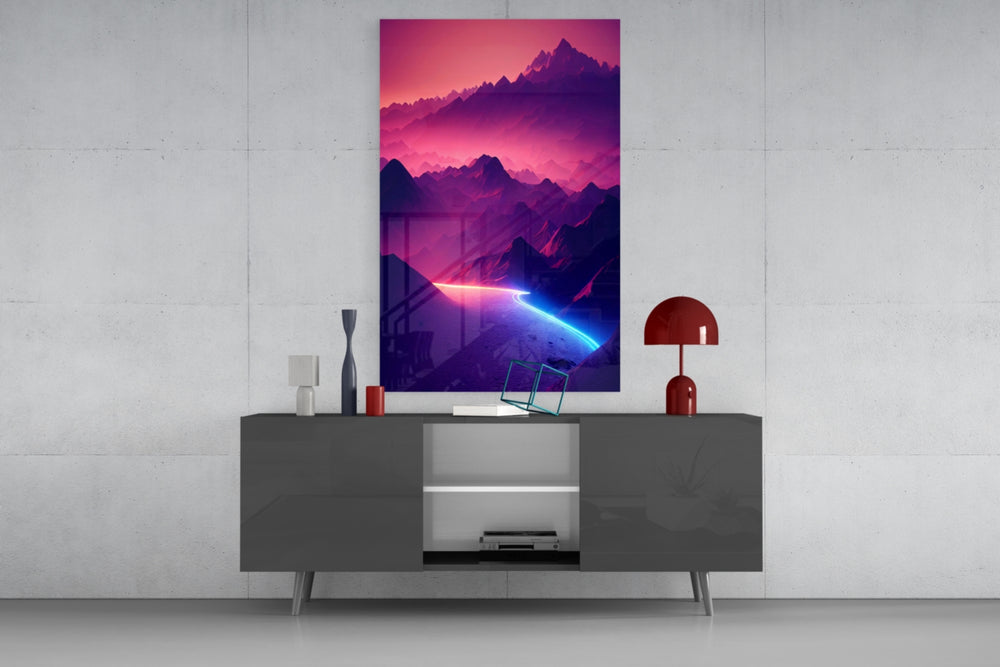 Neon valley-trail cinematic glass wall art in modern home media room