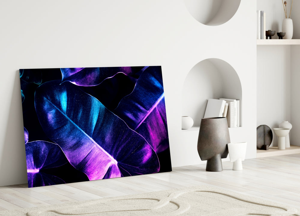 Tropical-modern violet foliage cinematic glass wall art in hospitality lounge entry