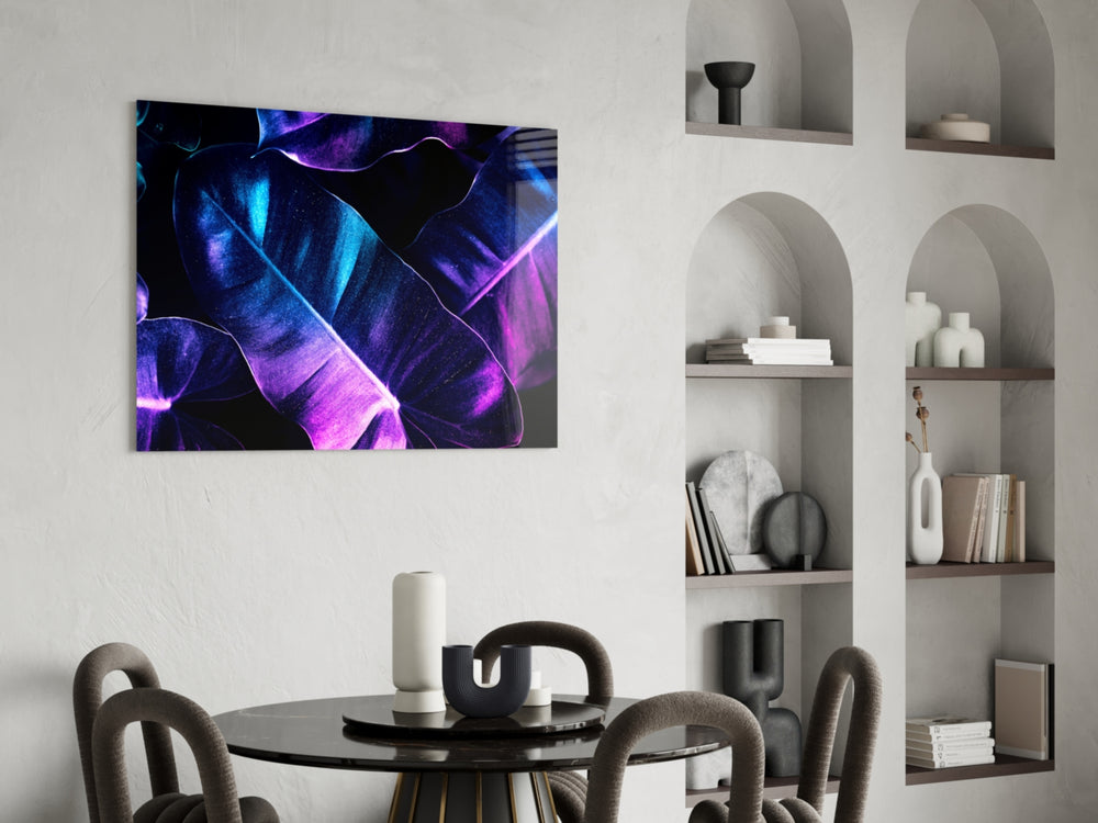 Backlit-pink leaf cinematic glass wall art over master-bedroom headboard