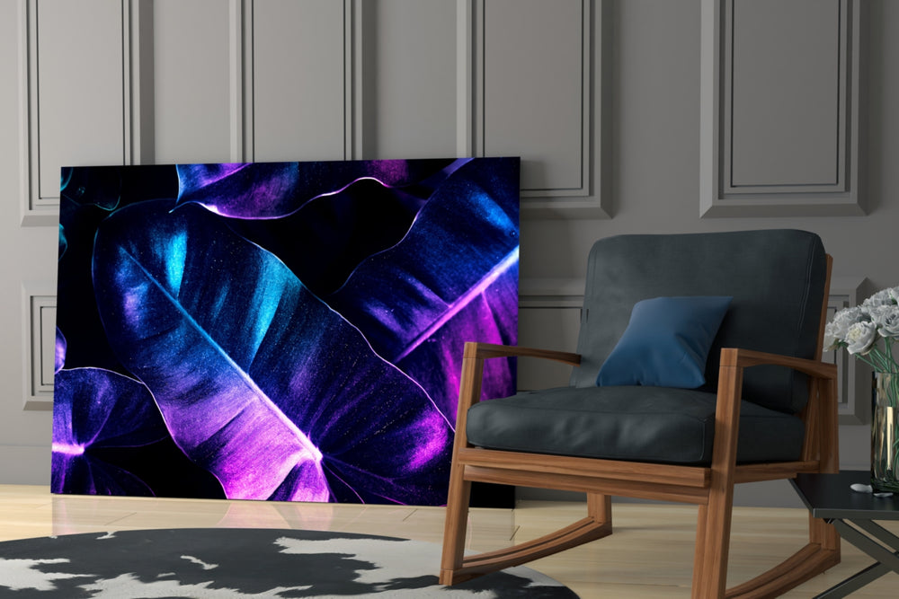 Synthwave banana-leaf cinematic glass wall art in designer hallway