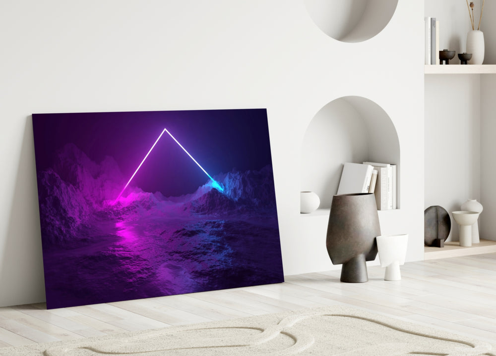 Synthwave lunar landscape cinematic glass wall art over master-bedroom headboard