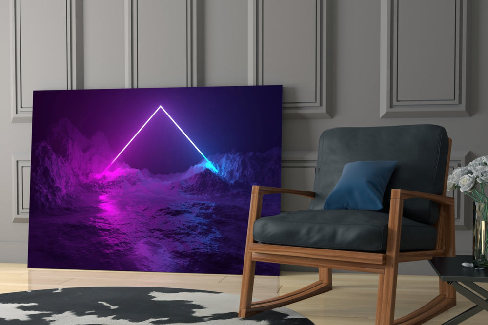 Magenta-and-cyan landscape cinematic glass wall art beside modern bar console